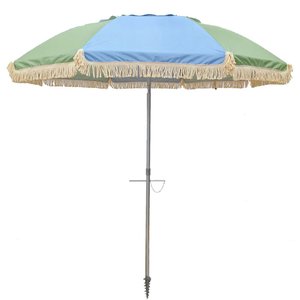 Beach Umbrellas: LovinSummer Retro BLUE/SAGE Panel Fringe Beach Umbrella