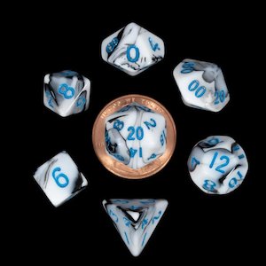 Tiny Dice: Marble with Blue Numbers Mini Polyhedral Dice Set