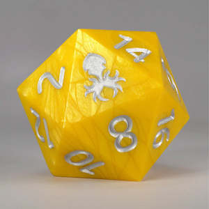 Individual Dice: Yellow with Silver Ink Hand Polished Sharp Edge 55mm D20 by Kraken Dice