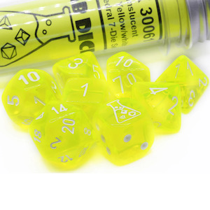 Chessex Lab Dice - Translucent Neon Yellow/White 8 Piece Polyhedral Dice Set (CHX 30061)