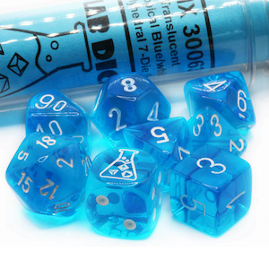 Chessex Lab Dice - Translucent Tropical Blue/White 8 Piece Polyhedral Dice Set (CHX 30063)