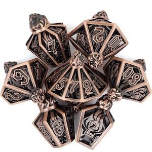 Metal Dice: Copper Flame - 7 Piece Hollow Metal Polyhedral Dice Set & Dice Case
