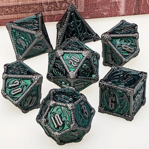 Metal Dice: Viridian Drake - 7 Piece Metal Polyhedral Dice Set & Dice Case