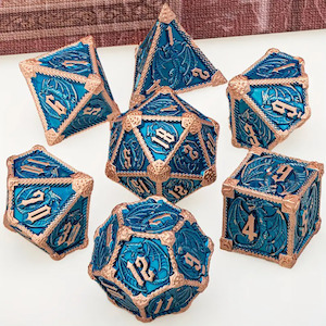Cerulean Drake - 7 Piece Metal Polyhedral Dice Set & Dice Case