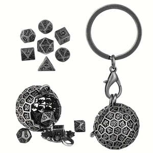 D100 Cage Dice Keychain (Gunmetal) with 7 Piece Mini Metal Polyhedral Dice Set