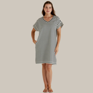 New: Elise V-Neck Rib Dress | White/Black Stripe