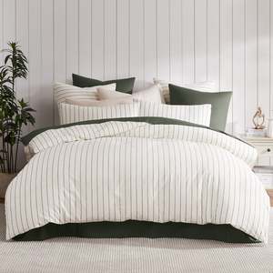 Fieldcrest Stonewashed 100% Cotton Green Stripe Duvet Cover
