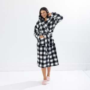 Bedroom: Solace Check Hooded 3/4 Length Plush Bathrobe Black/White