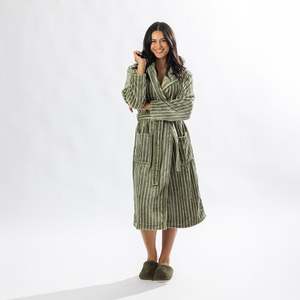 Bath Robes: Solace Contrast Stripe 3/4 Hooded Bathrobe Khaki