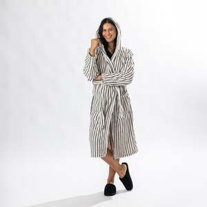Solace Contrast Stripe 3/4 Hooded Bathrobe Ivory