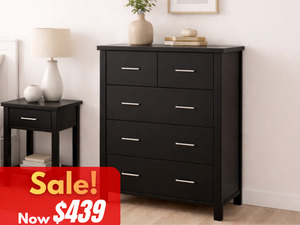 Bedroom Furniture: Arctic 5 Drawer Tallboy Black