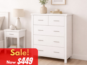 Bedroom Furniture: Arctic 5 Drawer Tallboy White