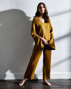 Sleepwear: Khaki 100% French Flax Linen Pants