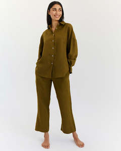 Sleepwear: Khaki 100% French Flax Linen Long Sleeve Shirt