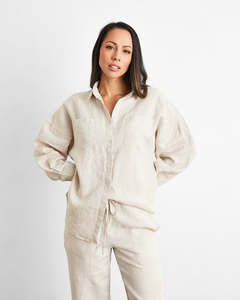 Sleepwear: Oatmeal 100% French Flax Linen Long Sleeve Shirt