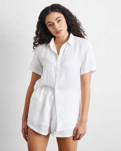 White 100% French Flax Linen Short Sleeve Shirt