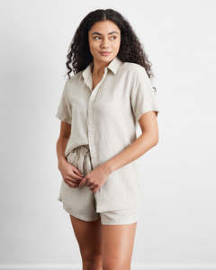 Sleepwear: Oatmeal 100% French Flax Linen Short Sleeve Shirt