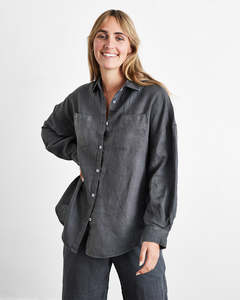 Charcoal 100% French Flax Linen Long Sleeve Shirt