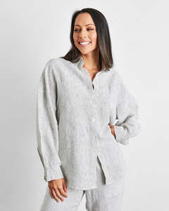 Pinstripe 100% French Flax Linen Long Sleeve Shirt