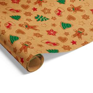 Christmas Wrapping Paper: Xmas Gingerbread on Kraft Wrap Hunter Red Green
