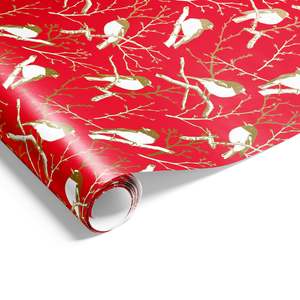 Christmas Wrapping Paper: Robins Wrap Gold on Red