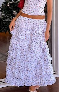 Maxi Skirts: Paisley White Floral Ruffle Maxi Skirt