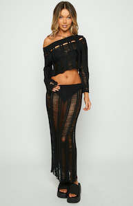 Knit Skirts: Lennox Black Ladder Knit Midi Skirt