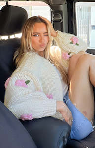 Cardigans: Vine White Rose Embellished Cardigan