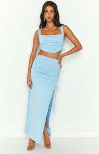 Ruched: Farrar Blue Ruched Maxi Skirt