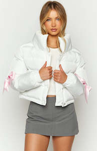 Puffer Jackets: Polar White Bow Puffer Jacket
