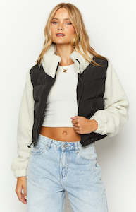 Puffer Jackets: Maelle Black Sherpa Puffer Jacket