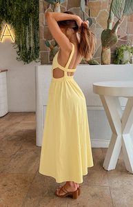 Backless Tops Dresses: Kensington Yellow Backless Midi Dress