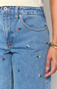 Kansis Blue Embroidered Uneven Waist Jeans