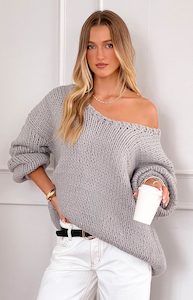 Casual Outfits: Delvey Grey Chunky Knit Sweater