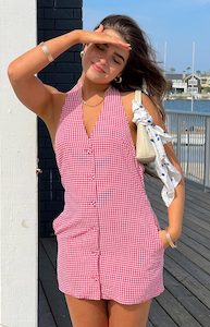 Christmas Dresses: Felix Red Gingham Halter Mini Dress
