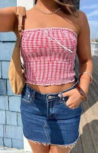 Back In Stock Styles: Boston Red Gingham Strapless Top