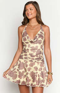 Scenes Brown Anemone Floral Print Halter Mini Dress
