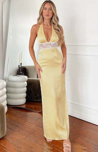 Satin Clothing: Arli Yellow Lace Maxi Dress