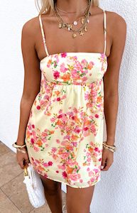 Satin Clothing: Elsa Yellow Bloom Satin Mini Dress