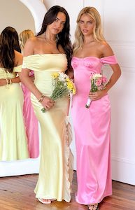 Satin Clothing: Naveah Pink Off Shoulder Maxi Dress