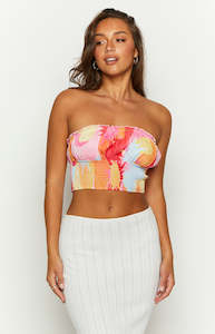 Dray Pink Sun Print Strapless Crop Top