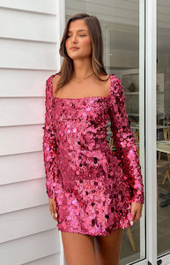 Womens Extended Sizes: Marienne Pink Sequin Long Sleeve Mini Dress