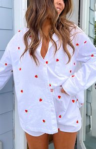 Womens Extended Sizes: Margarita White Strawberry Embroidered Long Sleeve Shirt