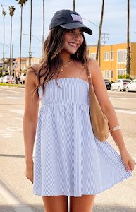 Mini Dresses: Anderson Blue Stripe Strapless Mini Dress