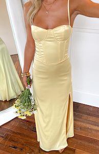 Bridesmaid Dresses: Lailani Yellow Corset Maxi Dress