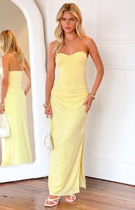 Bridesmaid Dresses: Nikki Yellow Sequin Strapless Maxi Dress