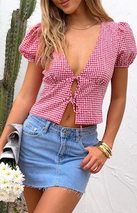 Wednesday Red Gingham Puff Sleeve Tie Top