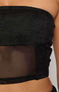 Back In Stock Tops: Stay Black Strapless Mesh Corset Top
