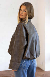 Jackets Coats: River Vintage Brown PU Bubble Hem Bomber Jacket