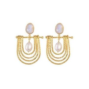 Bianc Olympia Rainbow Moonstone & FWP Pearl Earrings Gold Plated